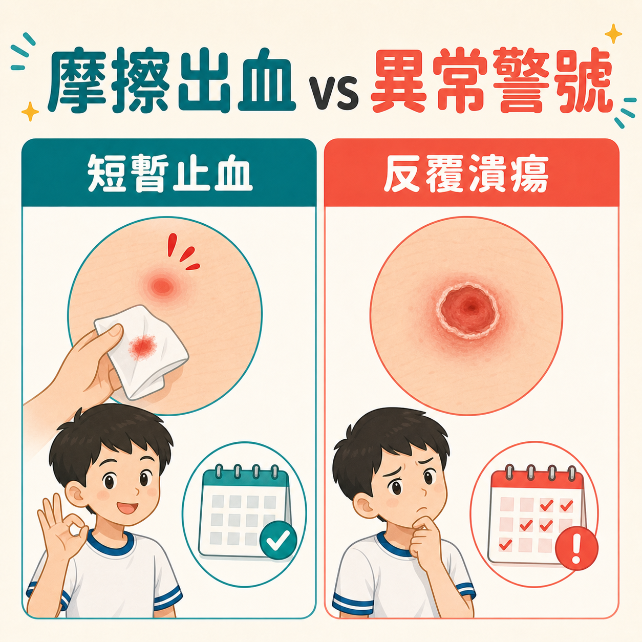 疣摩擦後少量出血與反覆潰瘍等異常警號比較