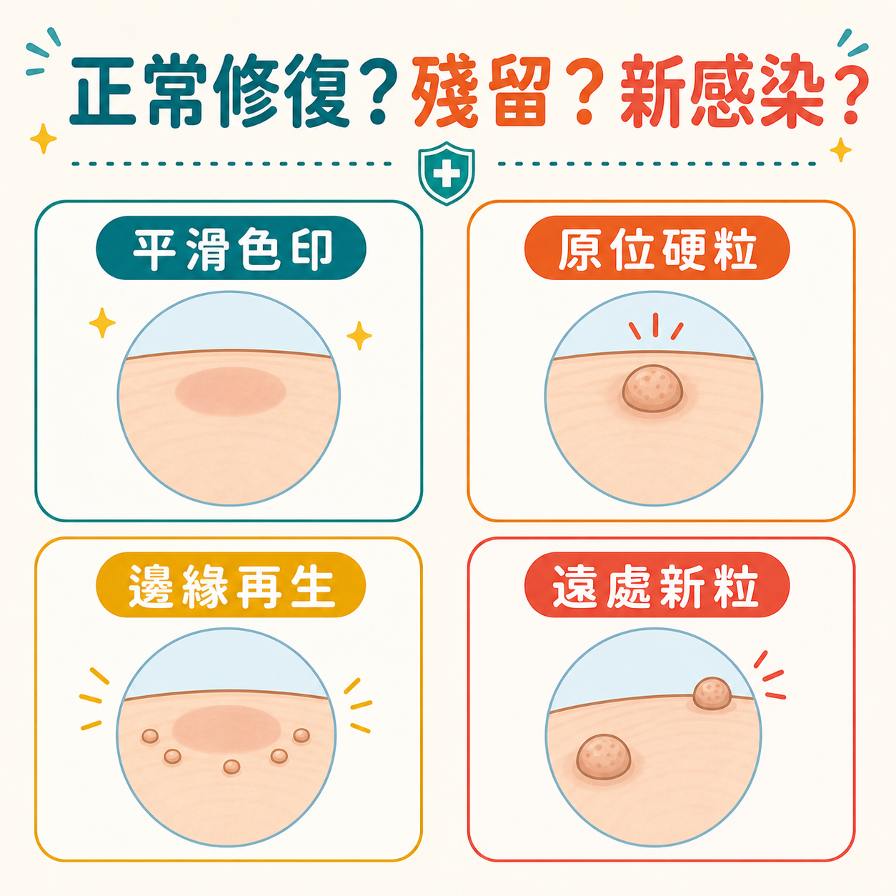 脫疣後正常修復色印與殘留病灶復發新感染的分辨示意