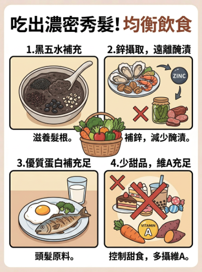 這張圖採用食物籃與分格,列出了 4 個飲食重點:黑五水補充、補鋅遠離醃漬、優質蛋白補充、少甜品維A充足。 這張圖採用食物籃與分格,列出了 4 個飲食重點:黑五水補充、補鋅遠離醃漬、優質蛋白補充、少甜品維A充足。