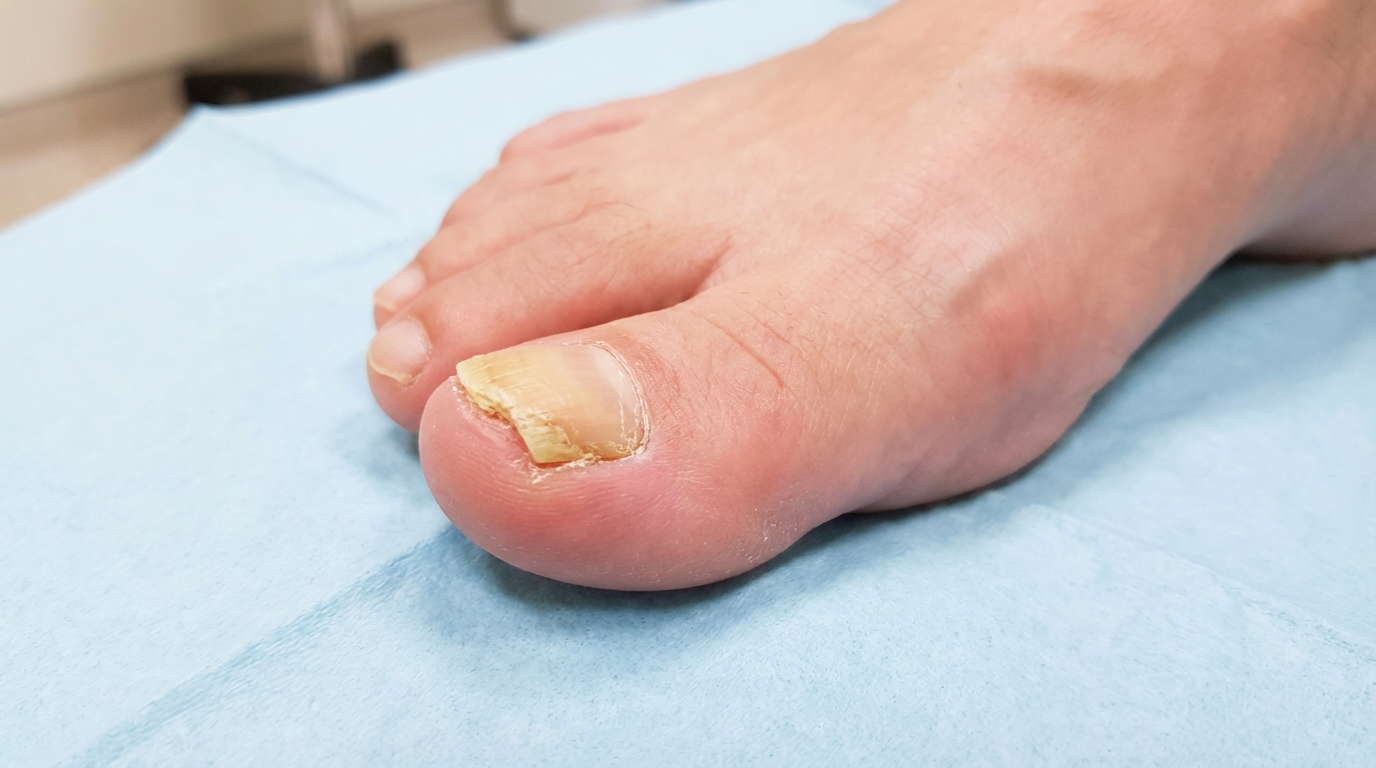 Close-up of Asian foot showing yellow, thickened fungal toenail infection