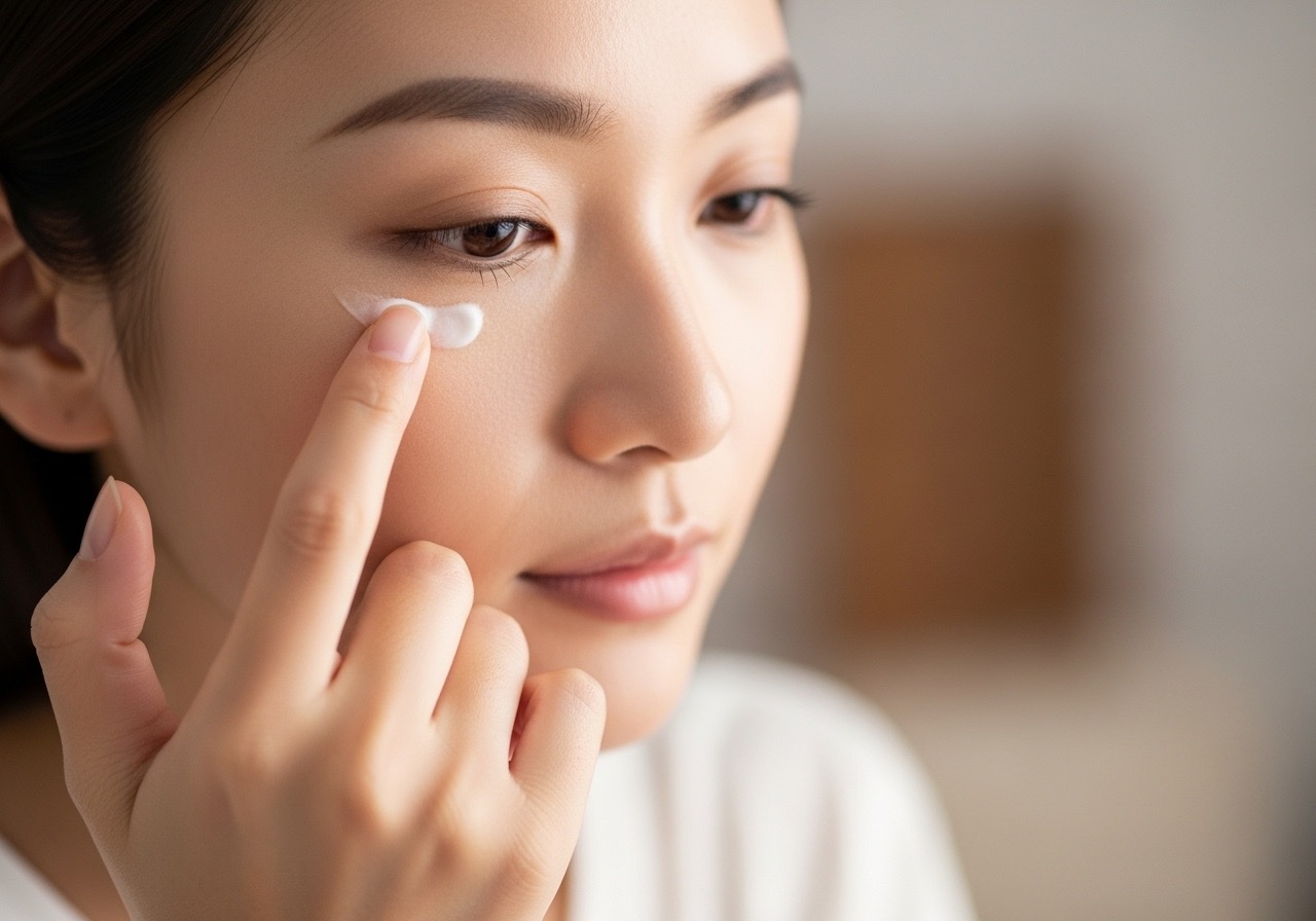 A woman gently applying eye cream with her ring finger to care for the delicate under-eye skin. A woman gently applying eye cream with her ring finger to care for the delicate under-eye skin.