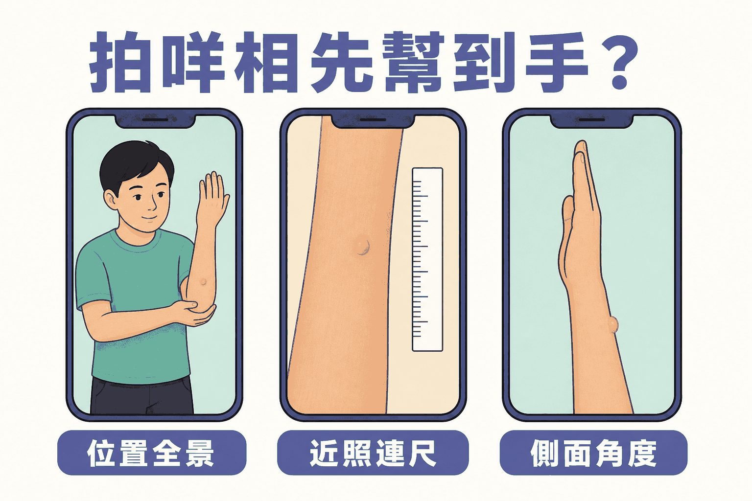 三種拍攝角度 皮膚病灶相片應包括位置全景近照連尺及側面角度
