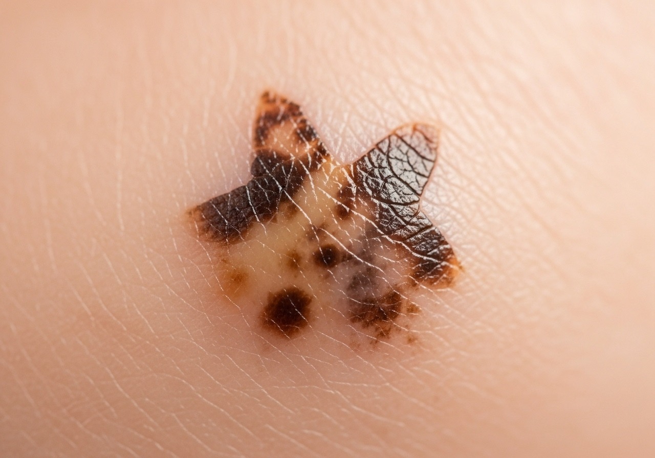 A macro image of a mole with an irregular border and uneven color, representing a warning sign.