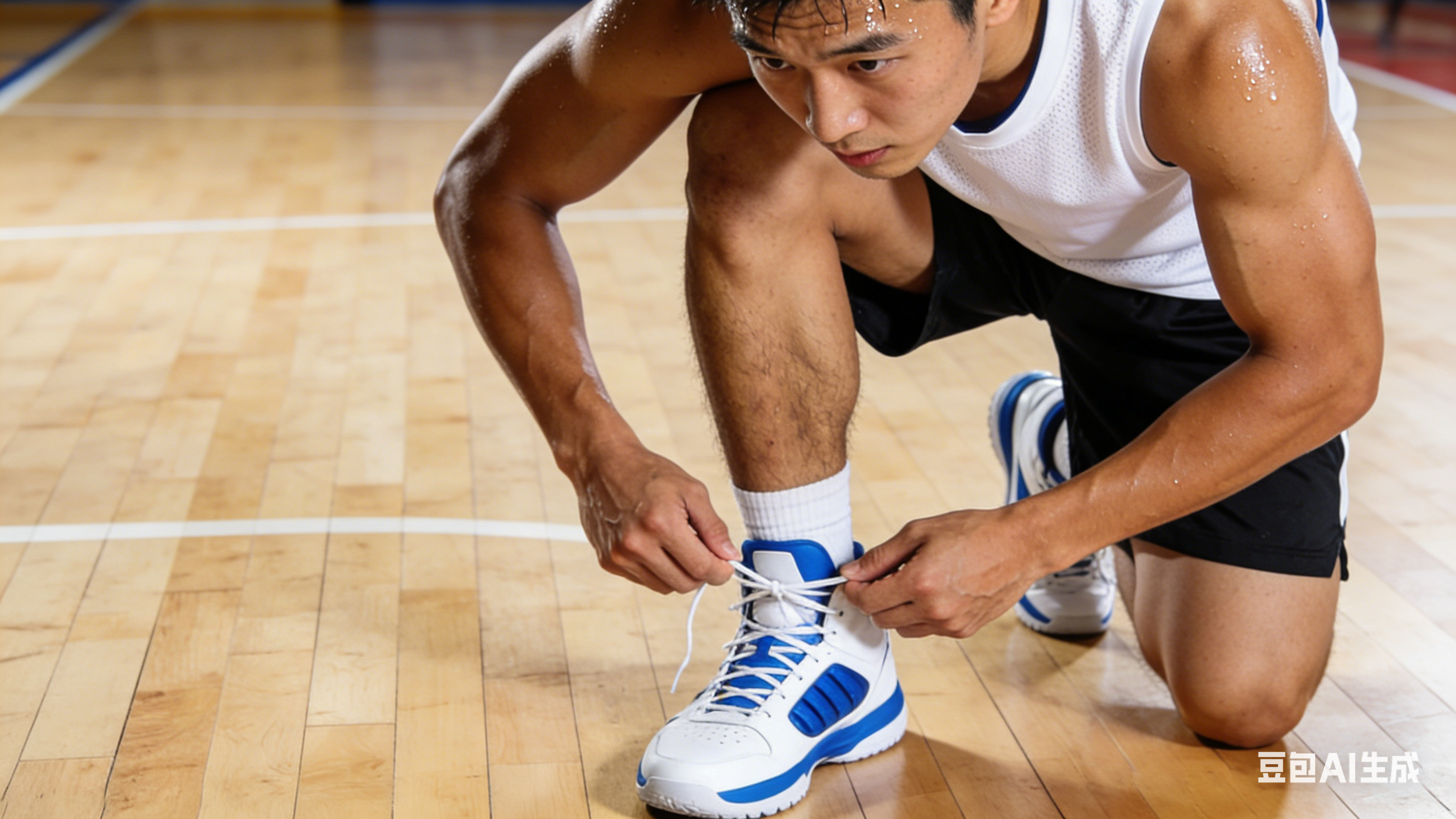 Asian basketball player tying shoelaces of well-fitted, wide-toe-box sneakers to prevent foot injuries.
