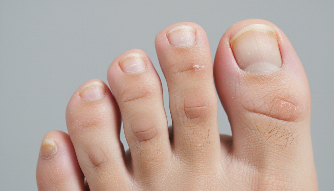 Close-up of Asian toenails displaying typical symptoms of fungal infection like discoloration and thickening