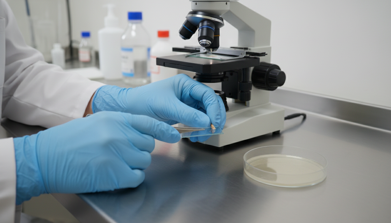 Medical professional preparing a nail sample for fungal examination under a microscope in a clinic