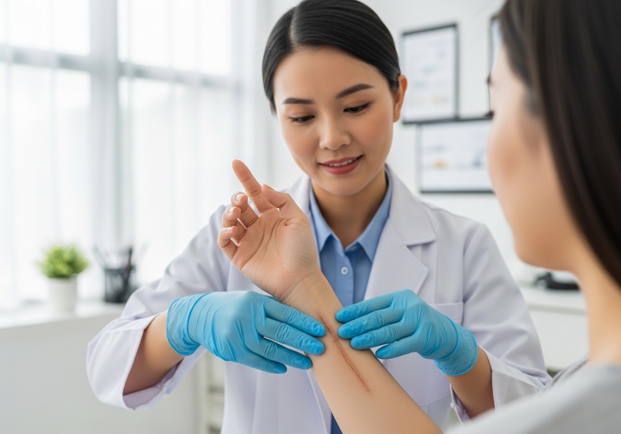 A doctor showing a patient the correct massage technique for scar treatment.