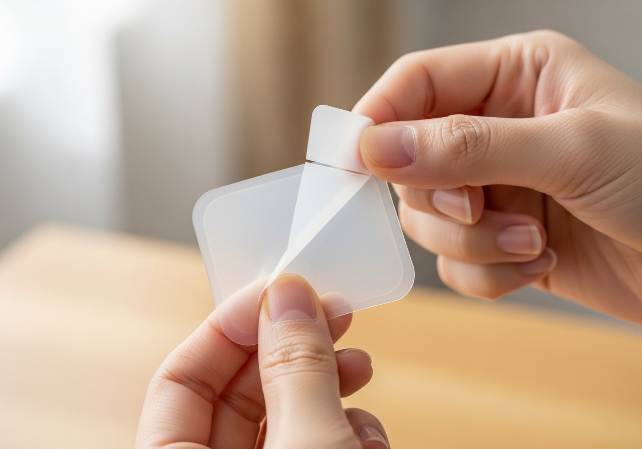 A hand peeling off the backing from a silicone scar patch, preparing for application.