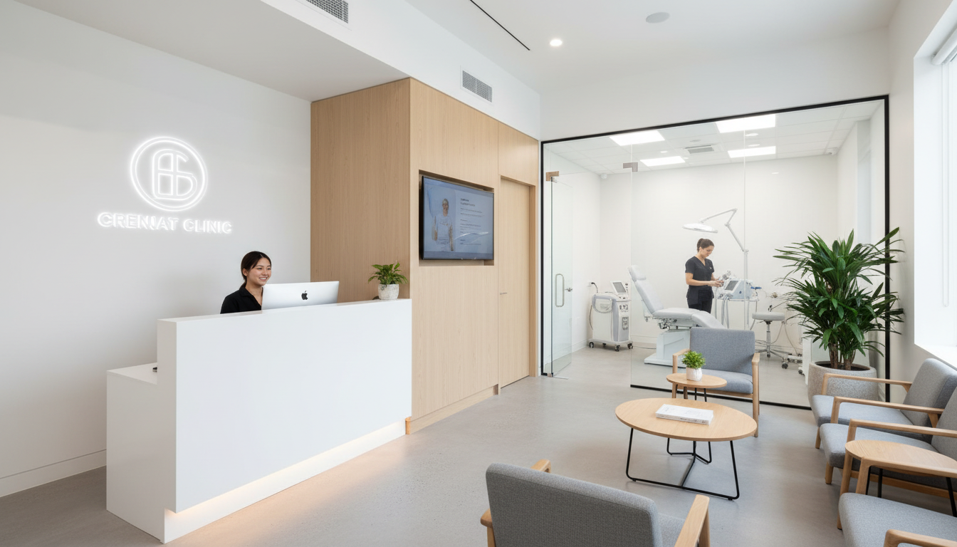Reception area of a modern, professional medical clinic with a view of a sterile treatment room