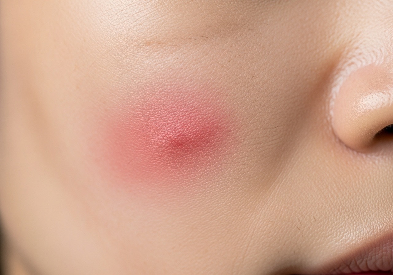 A close-up of post-inflammatory erythema, a red mark left on Asian skin after a wound has healed.