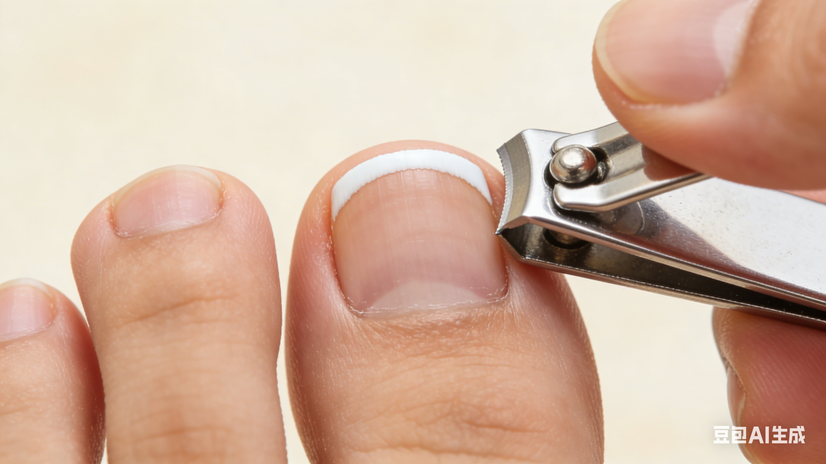 Asian hand holding nail clipper cutting toenail straight across, leaving 1-2mm white free edge.