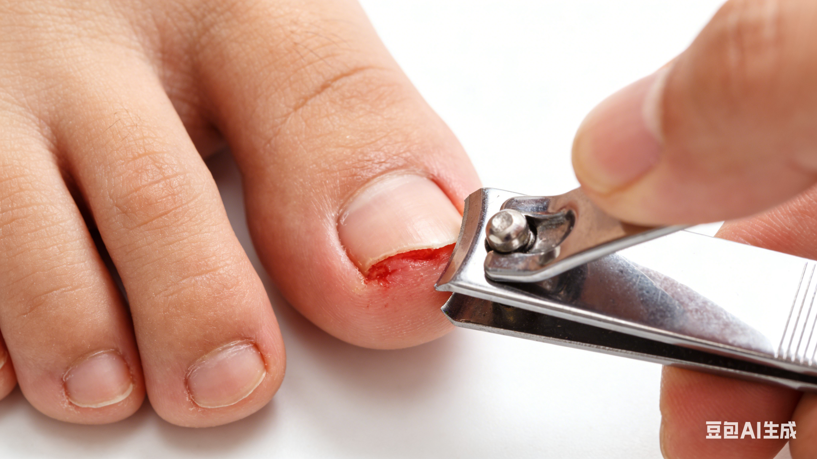 Asian person cutting toenail too short with nail clipper, no white edge left, close-up view. Asian person cutting toenail too short with nail clipper, no white edge left, close-up view.