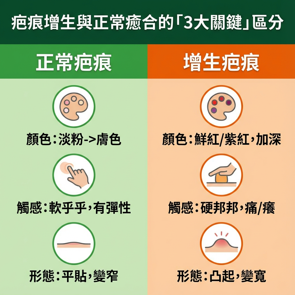 這張圖表清晰地對比了正常疤痕與增生疤痕在「顏色」、「觸感」和「形態」三個關鍵維度上的不同表現,幫助讀者快速識別潛在風險。 這張圖表清晰地對比了正常疤痕與增生疤痕在「顏色」、「觸感」和「形態」三個關鍵維度上的不同表現,幫助讀者快速識別潛在風險。