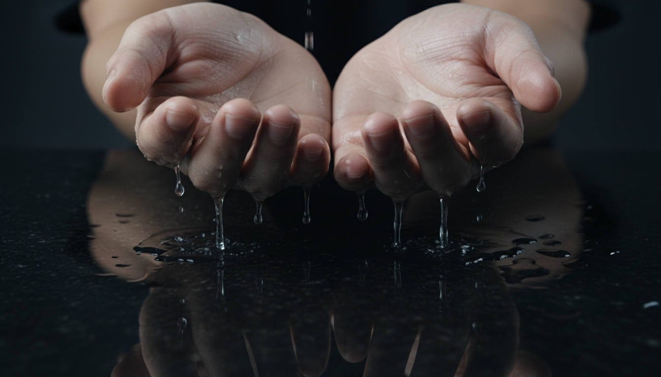 Close-up view of hands dripping with sweat, illustrating severe palmar hyperhidrosis
