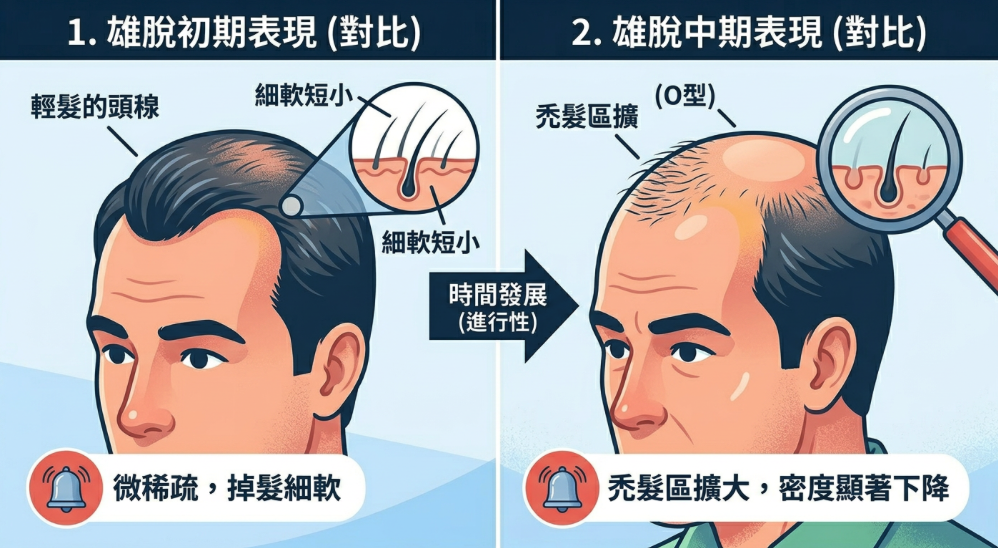  對比圖顯示「初期」（微稀疏、細軟掉髮）與「中期」（禿髮區擴大、密度下降）