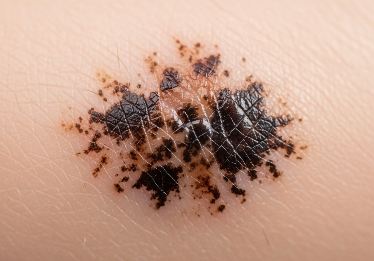 A macro close-up of a mole with an irregular border and uneven color, illustrating a warning sign. A macro close-up of a mole with an irregular border and uneven color, illustrating a warning sign.