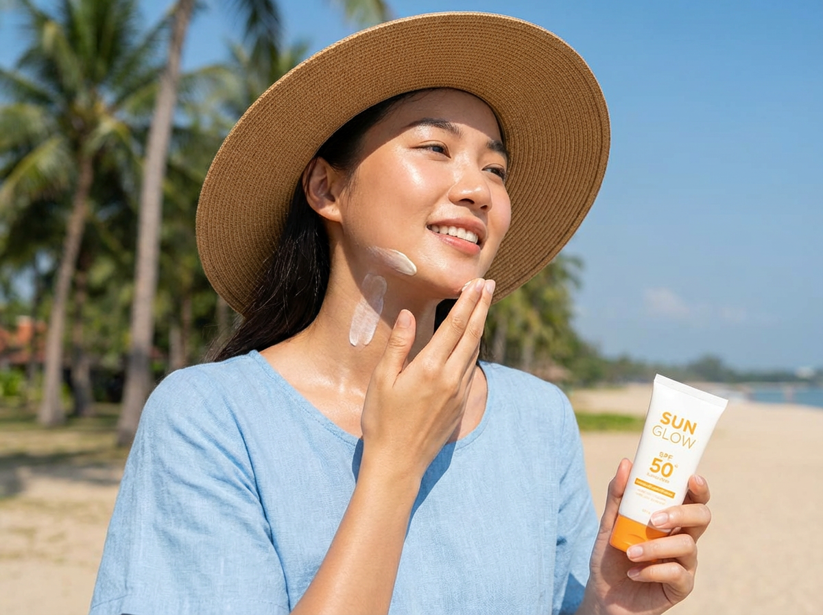 Asian woman applying sunscreen to protect skin from UV rays.