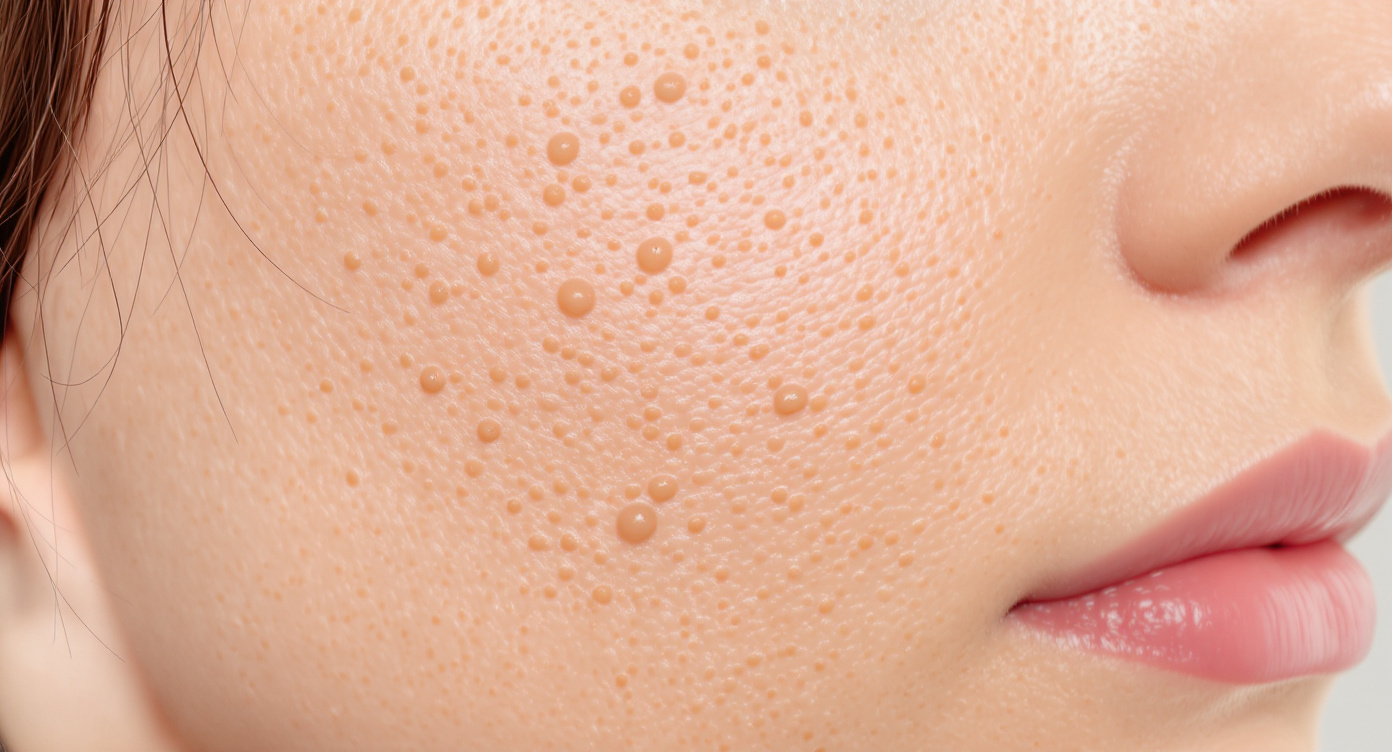 Close-up view of flat warts on the skin of a person's neck.