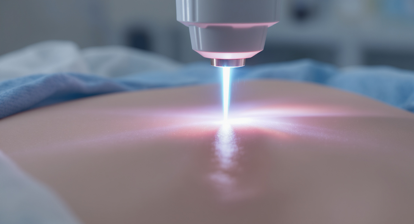 Conceptual image of a CO2 laser beam precisely targeting a point on the skin, representing flat wart treatment.