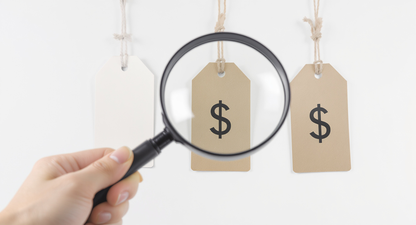 A person using a magnifying glass to compare prices, symbolizing shopping around for affordable medical treatment for wart removal.