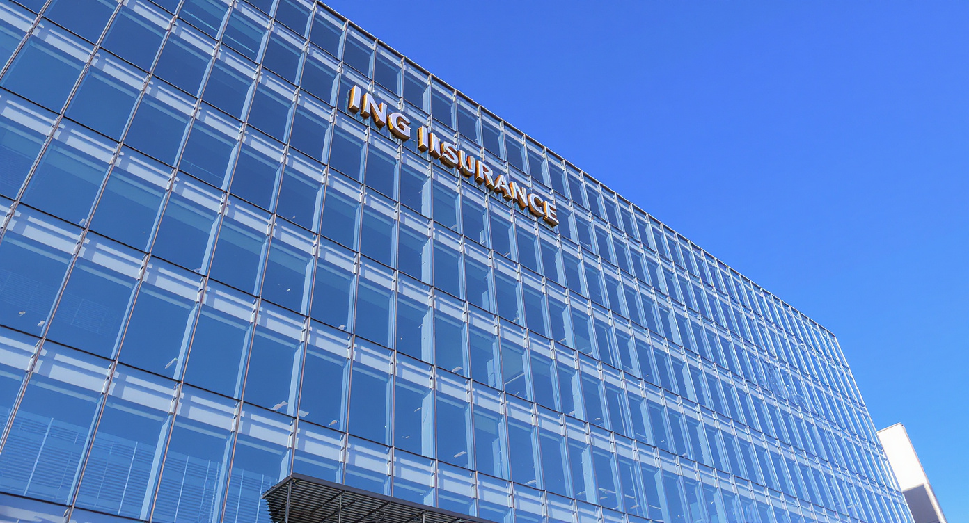 An architectural-style stock photo of the exterior of a modern, sleek glass office building that looks like a corporate headquarters for an insurance company. Clear blue sky in the background. The image feels professional, stable, and trustworthy.
