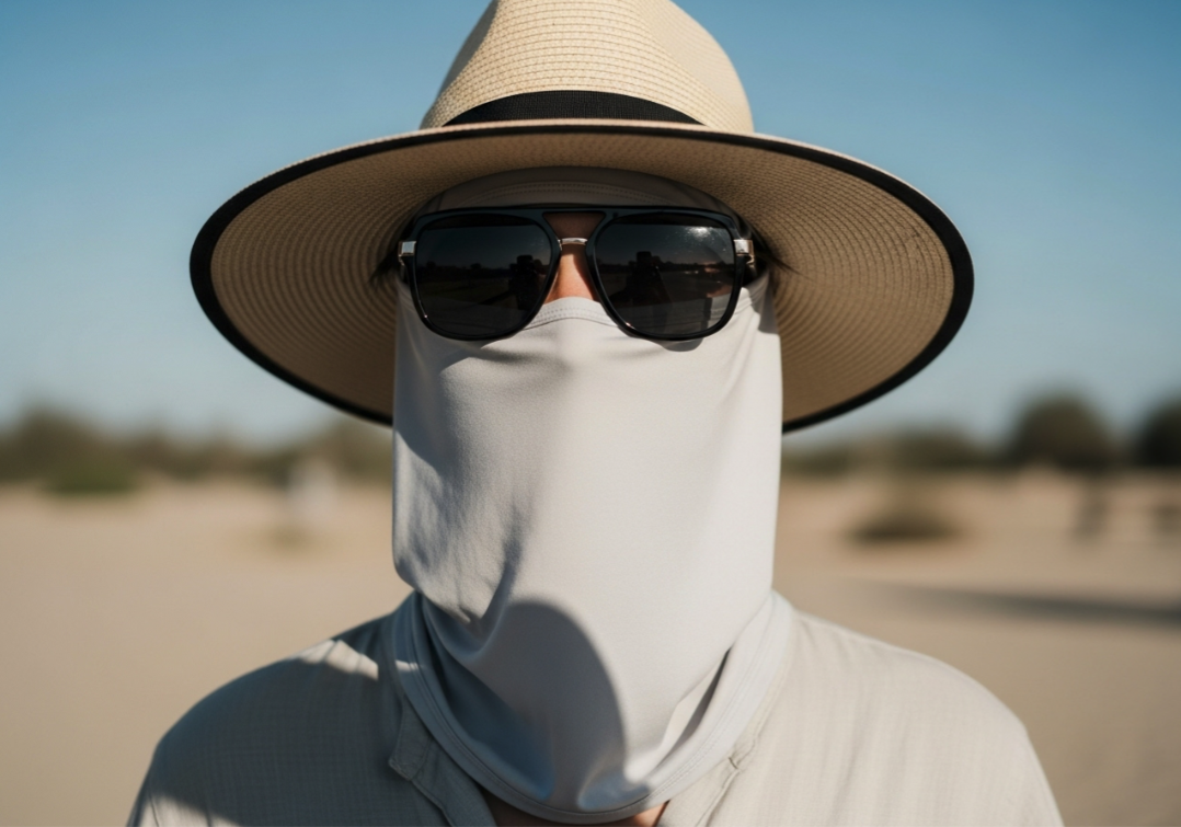 A stylish person effectively using 'hard sun protection' by wearing a wide-brimmed hat, sunglasses, and a protective face mask.