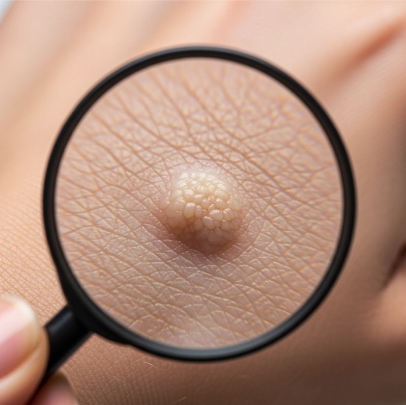 A close-up shot of a magnifying glass held over a small, common wart on a person's skin, symbolizing inspection and early detection.