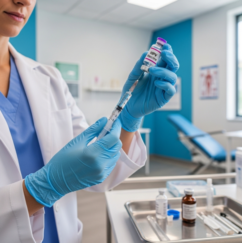 A medical professional in a clinical setting preparing an HPV vaccine injection, symbolizing prevention and modern healthcare.