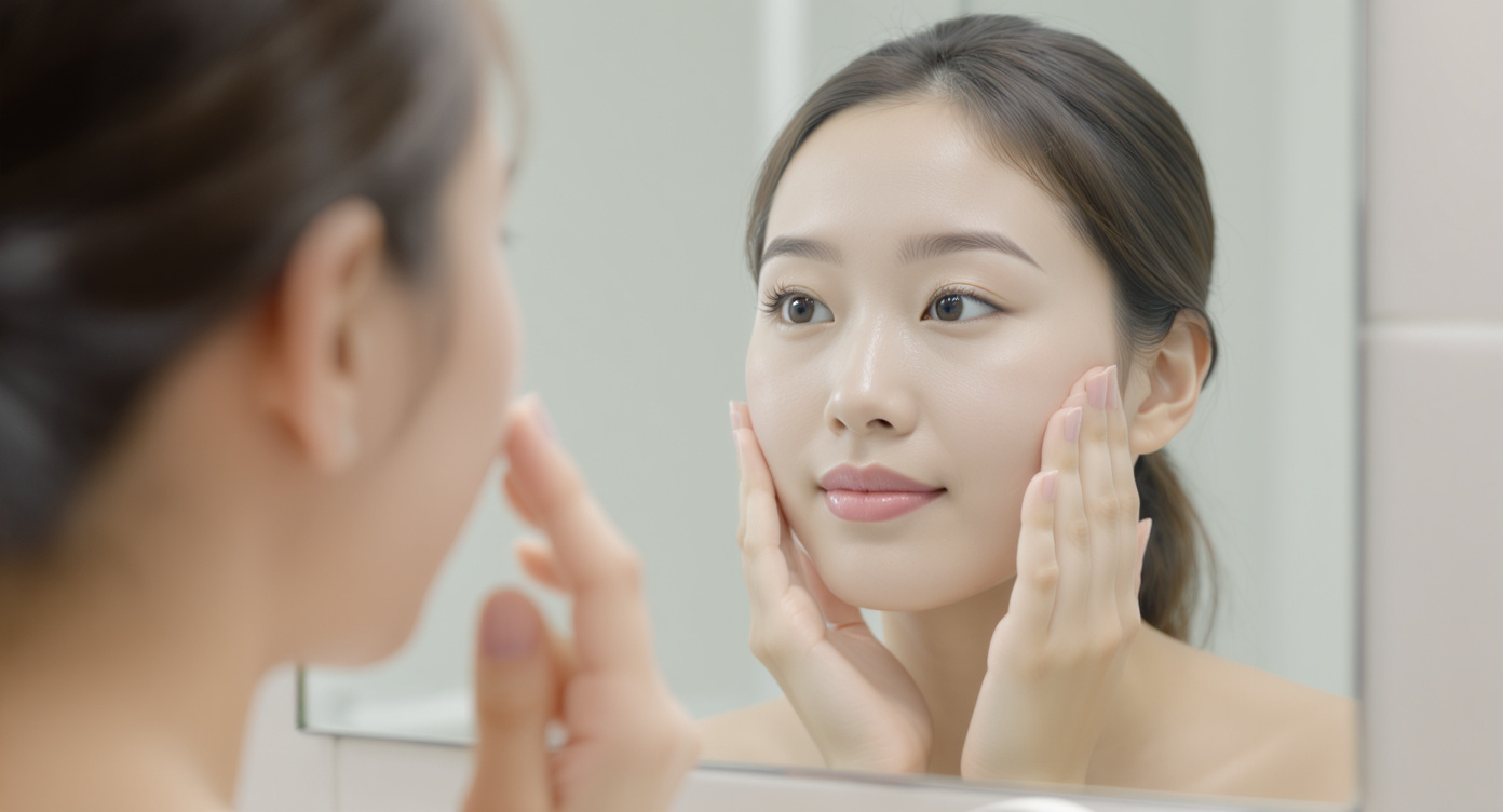 A beautifully composed, bright stock photo of a person of East Asian descent looking thoughtfully at their clear, healthy facial skin in a clean mirror. The lighting is soft and flattering, highlighting smooth skin texture. The mood is calm, confident, and focused on skin health and self-care. The background is a simple, modern bathroom. Avoid any text.