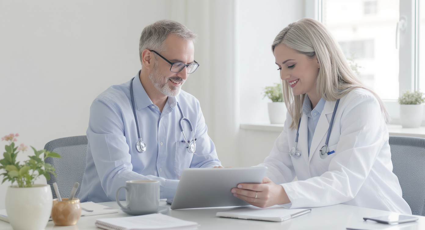 A bright, clean, photo-realistic stock image of a doctor helping