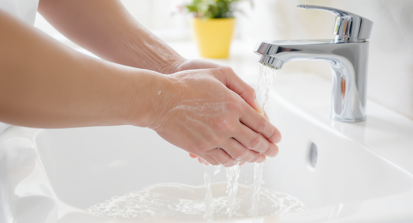 A person washing their hands, symbolizing the importance of personal hygiene in preventing the spread of flat warts.