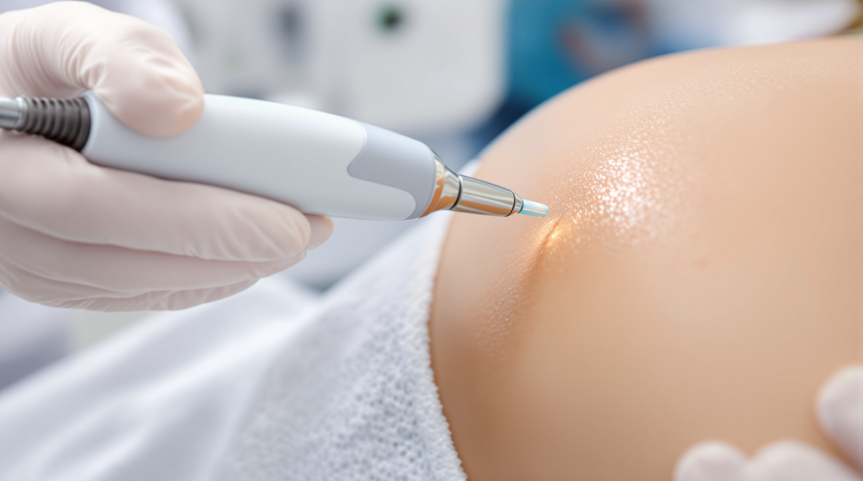 A dermatologist in a clinical setting holding a laser treatment device, representing professional treatment for filiform warts.