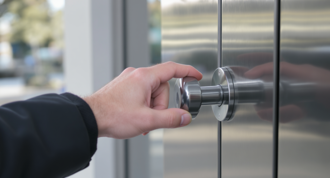 Hand touching a doorknob, symbolizing the transmission of viruses like HPV through contact with contaminated surfaces.
