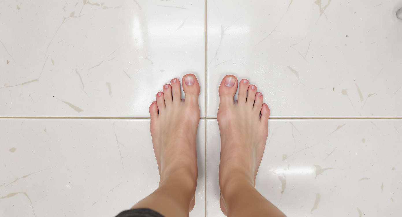 The soles of a person's feet, a common location for plantar warts and corns.