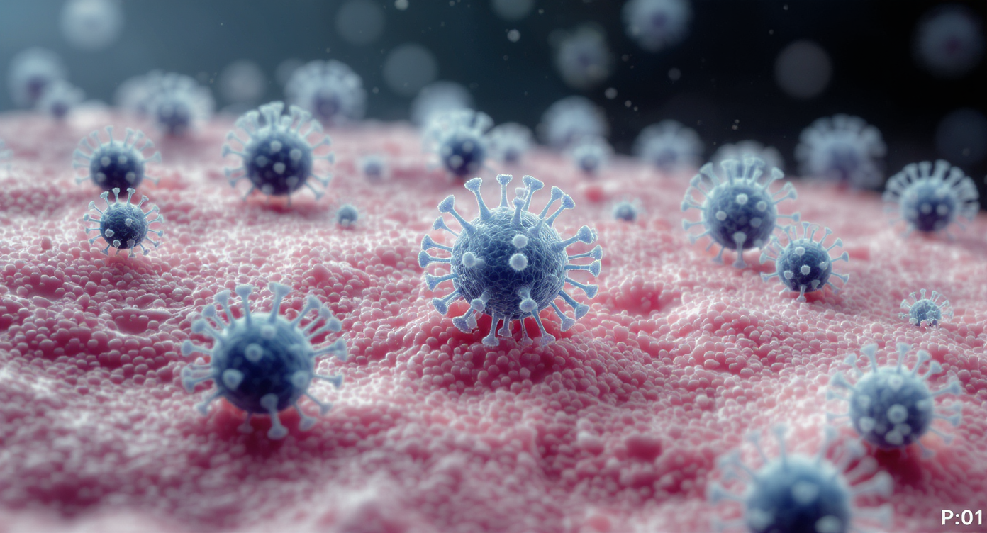 A microscopic visualization of HPV virus particles on human skin cells, illustrating how viral warts are formed