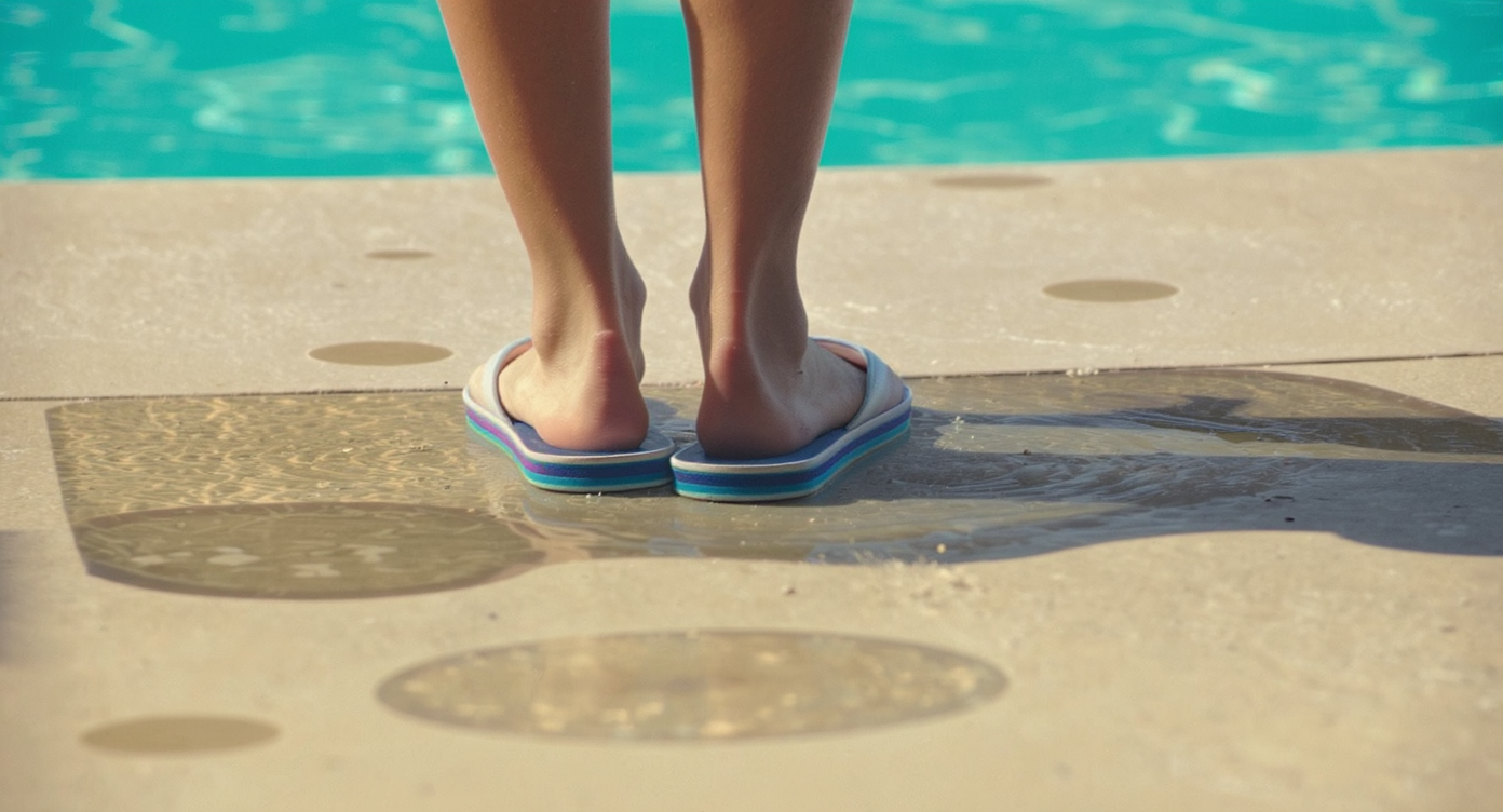 A person wearing flip-flops by a swimming pool to represent the prevention of viral warts in public places.