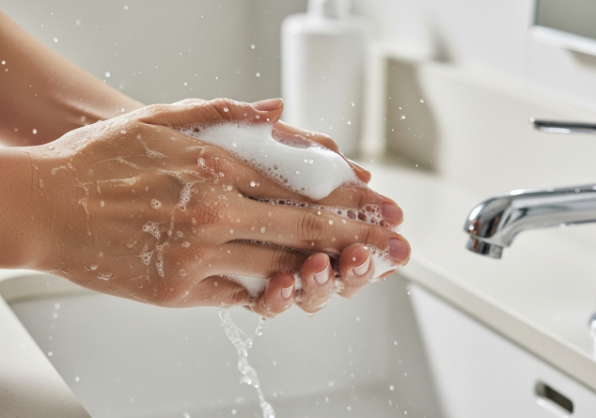 Hands creating a soft foam with an amino acid facial cleanser, representing a gentle cleansing step for acne-prone skin.