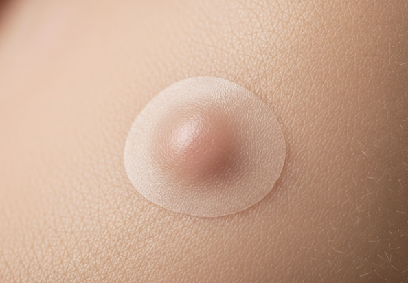 A close-up of a hydrocolloid acne patch on the skin, showing a modern way to treat pimples.