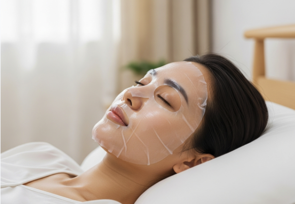 A woman relaxing with a soothing medical-grade sheet mask on, for post-acne treatment care.