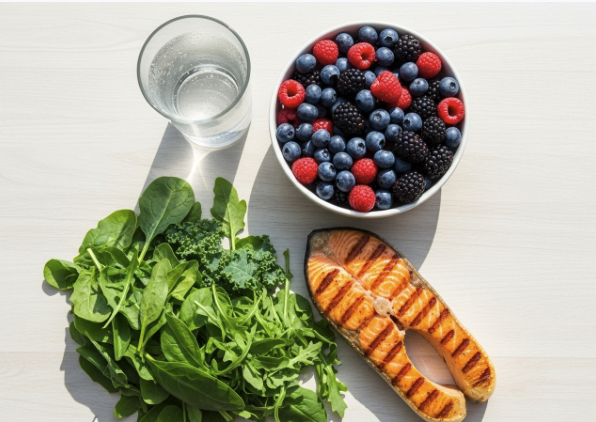 A healthy meal of water, berries, salmon, and greens, representing an anti-acne diet.