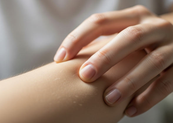 A person's hand gently placed on their arm, symbolizing the advice not to scratch skin irritations.