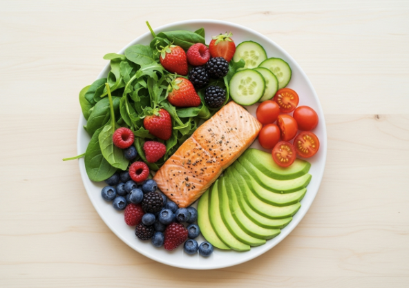 A healthy and nutritious meal with fish, vegetables, and fruit to boost immunity during pregnancy.