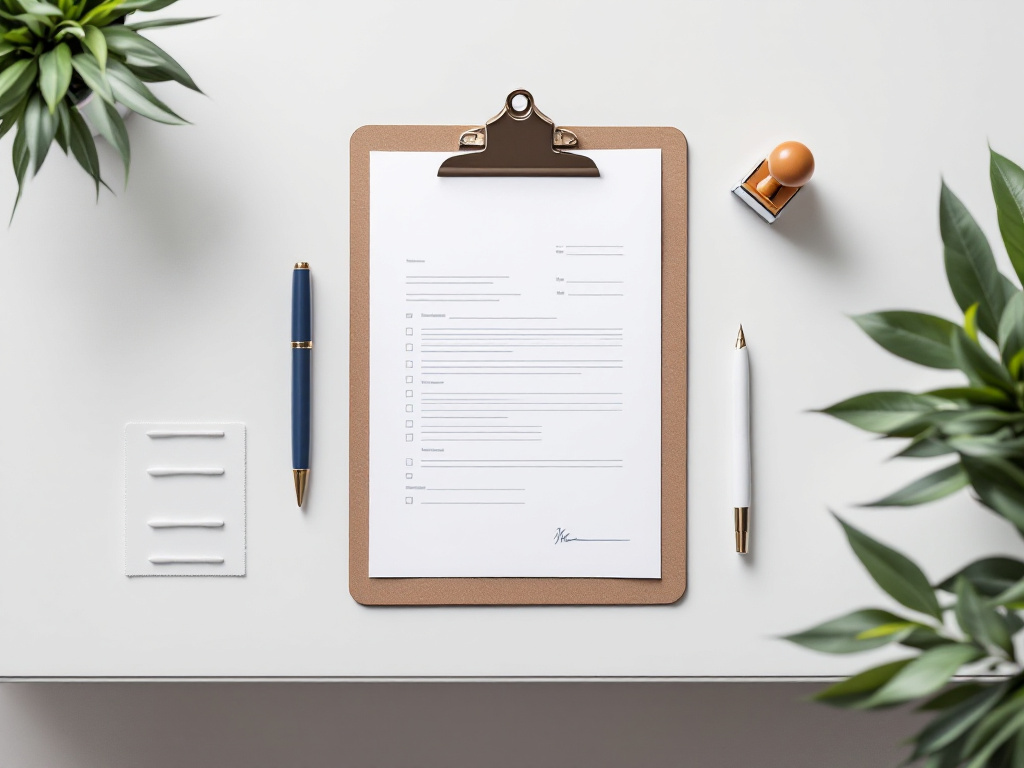 An organized flat lay on a clean, light-colored desk. Items include a clipboard with a medical form, a professional fountain pen, and a doctor's signature stamp. Minimalist and professional aesthetic, representing proper documentation.