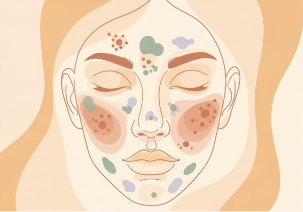 Abstract representation of facial zones linked to acne patterns, symbolizing holistic health connections.