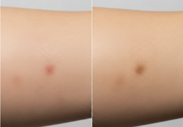 Visual comparison of red acne marks (PIE) and black/brown acne marks (PIH) on skin.