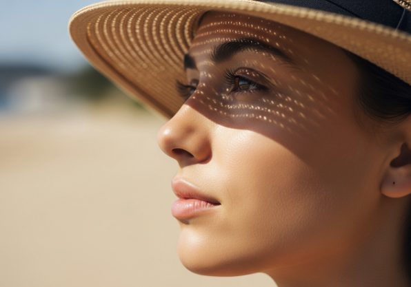 A person using a wide-brimmed hat for physical sun protection, essential for fading acne marks.