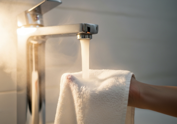 A person preparing a warm compress with a clean cloth to treat a blind pimple.