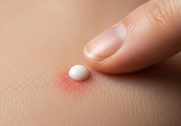 A close-up of a topical antibiotic ointment being applied precisely to a cystic acne spot.