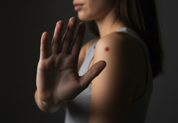 A hand gesturing 'stop' in front of a person's shoulder, symbolizing the warning not to squeeze a sebaceous cyst.
