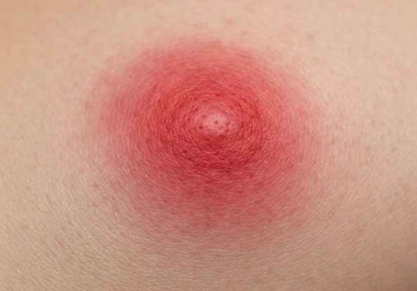 A clinical close-up of inflamed skin, representing an infected sebaceous cyst that requires medical attention.